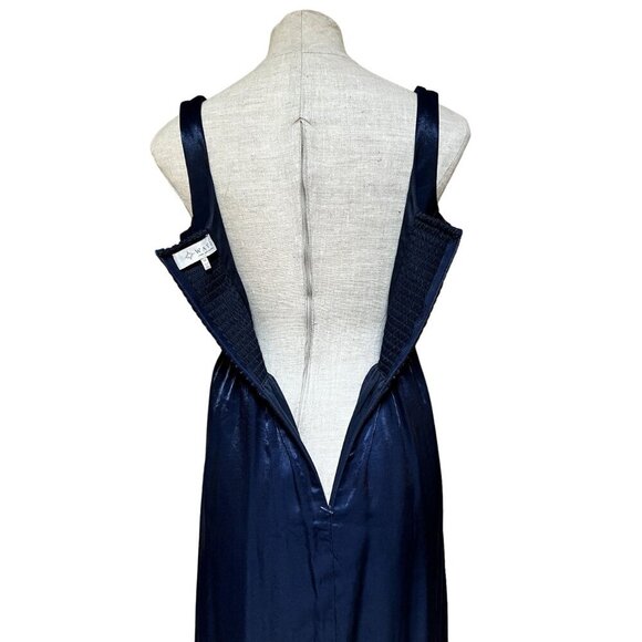 WAYF Corset Midi Dress Fit + Flare Midnight Blue Satin Retro 80s Prom Style Glam - Picture 9 of 12